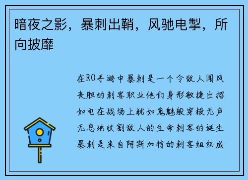 暗夜之影，暴刺出鞘，风驰电掣，所向披靡